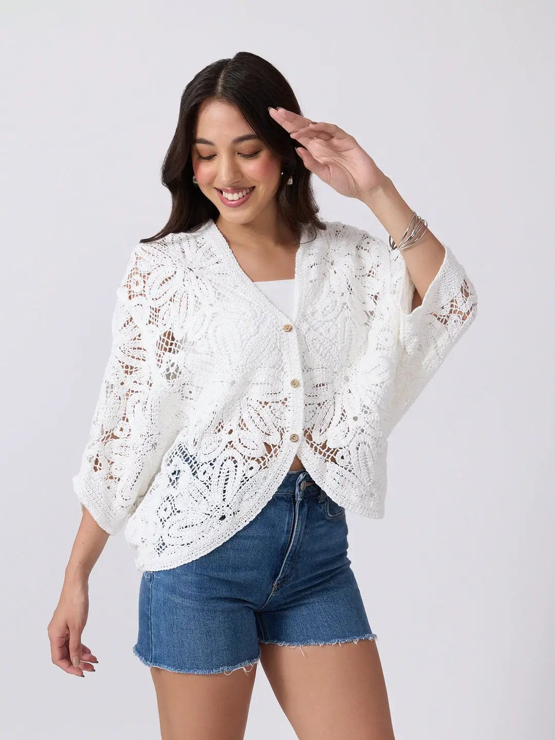 Women's White Floral Crochet Top