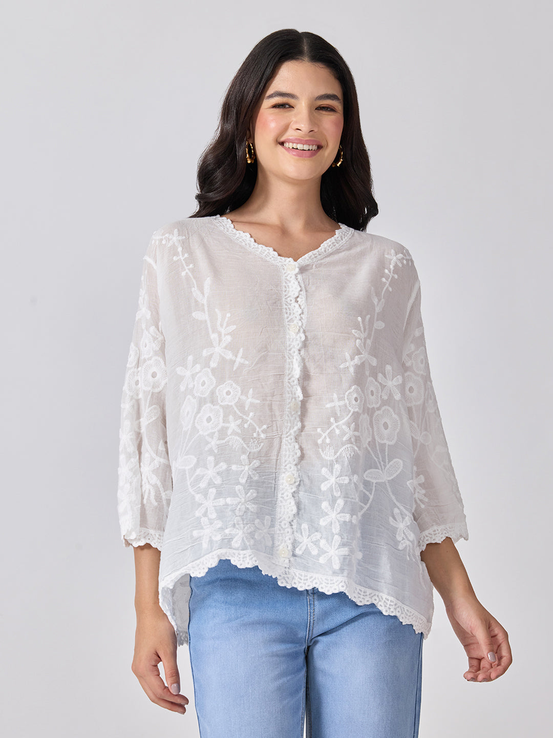Women’s Floral Embroidered White Top