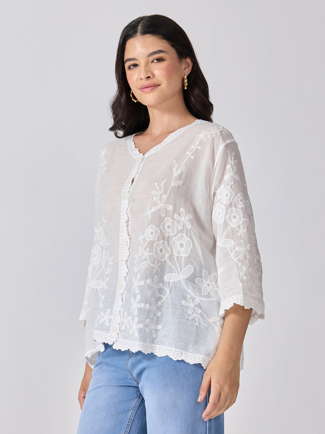 Women’s Floral Embroidered White Top