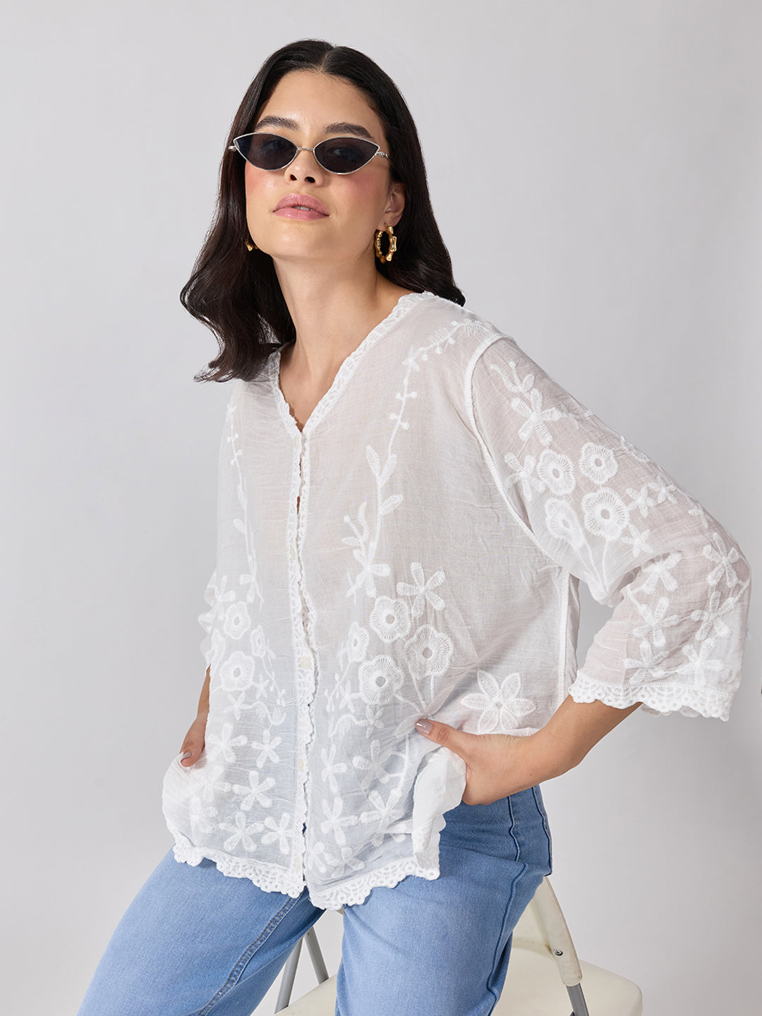 Women’s Floral Embroidered White Top