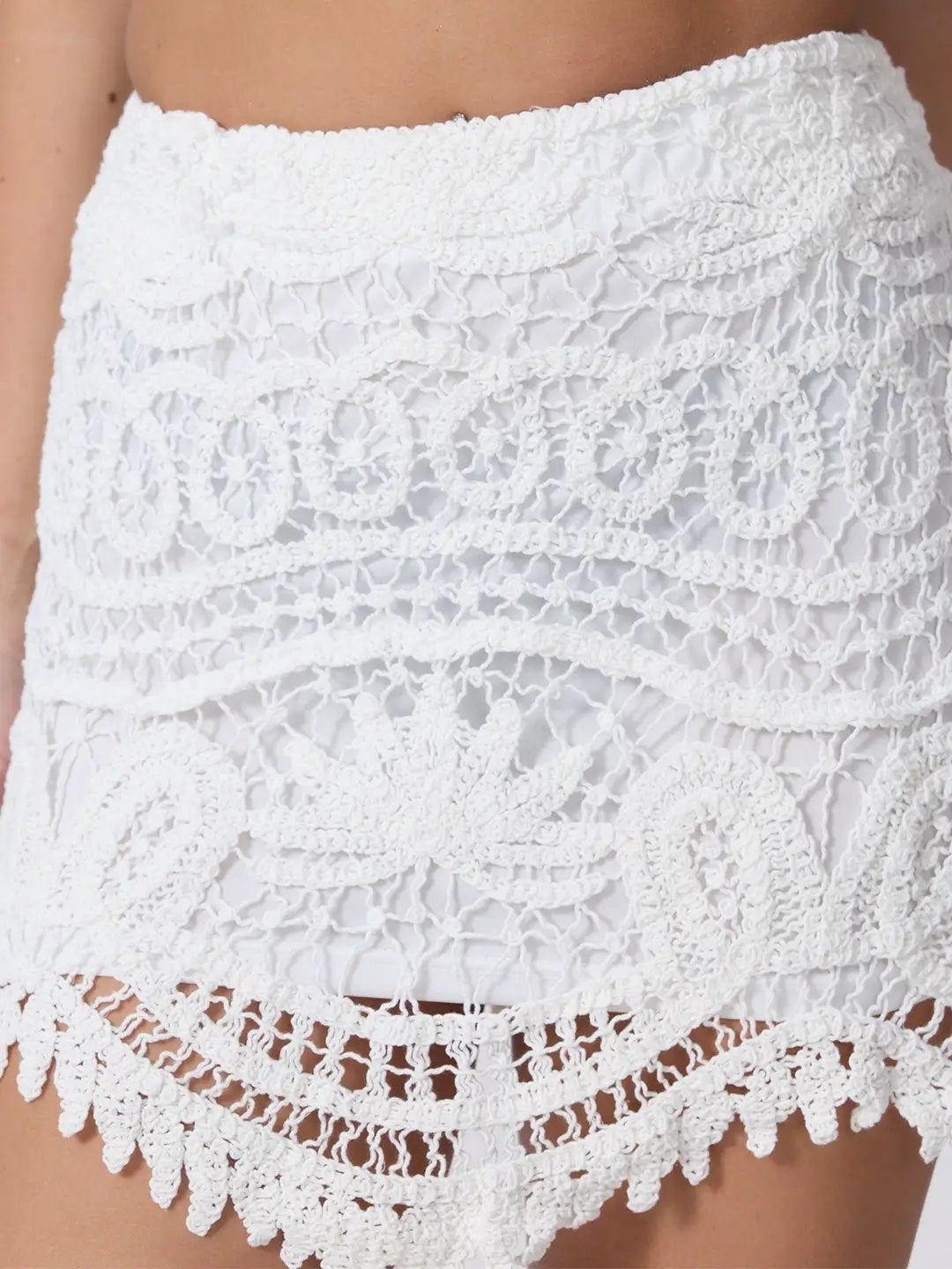 Women's Crochet White Floral Lace Mini Skirt with Scalloped Hem
