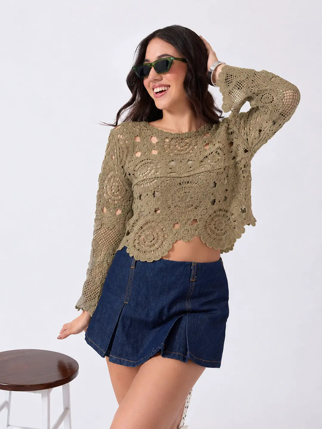 Women's Beige Crochet Long Sleeve Scalloped Hem Top