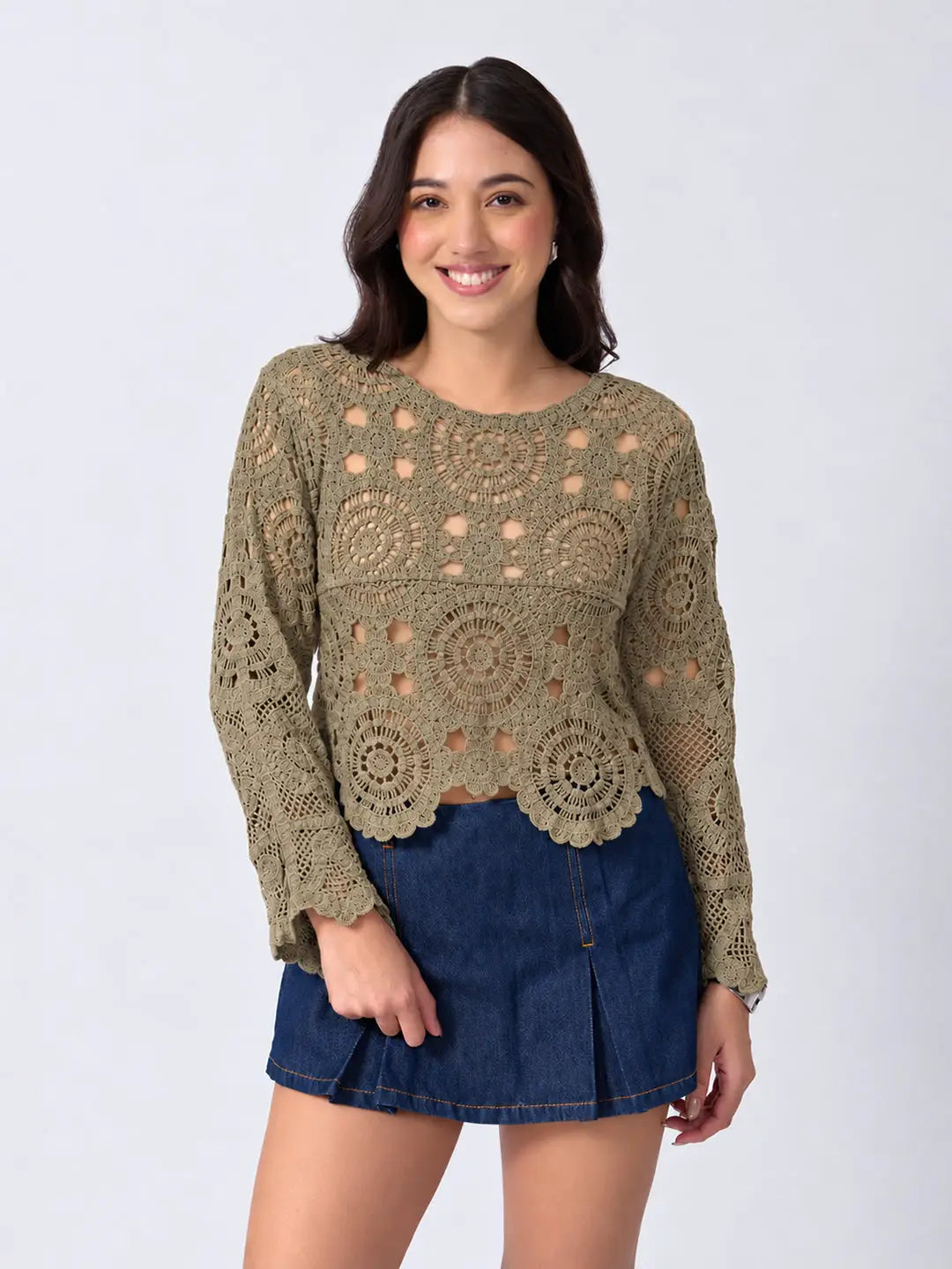 Women's Beige Crochet Long Sleeve Scalloped Hem Top