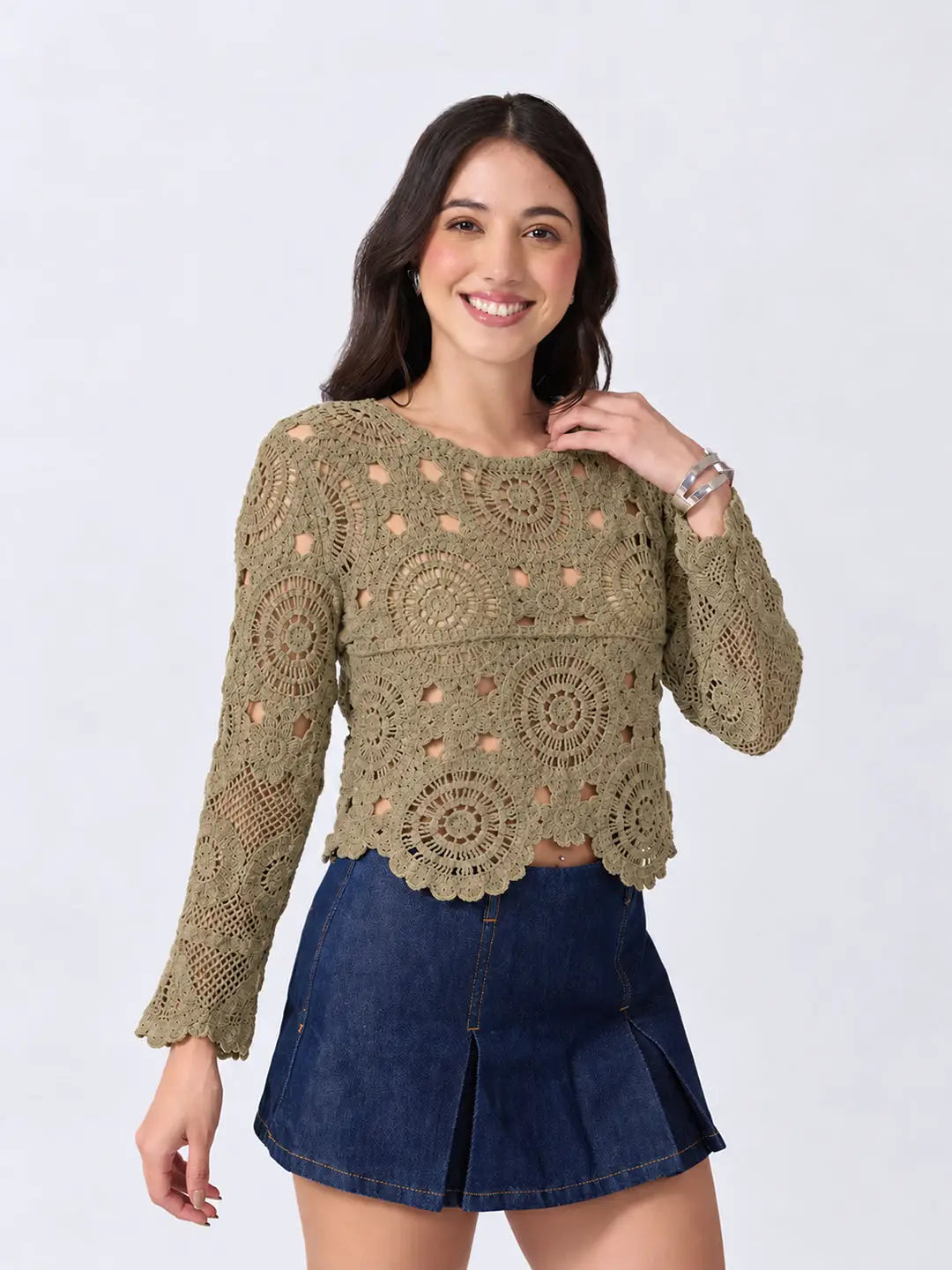 Women's Beige Crochet Long Sleeve Scalloped Hem Top
