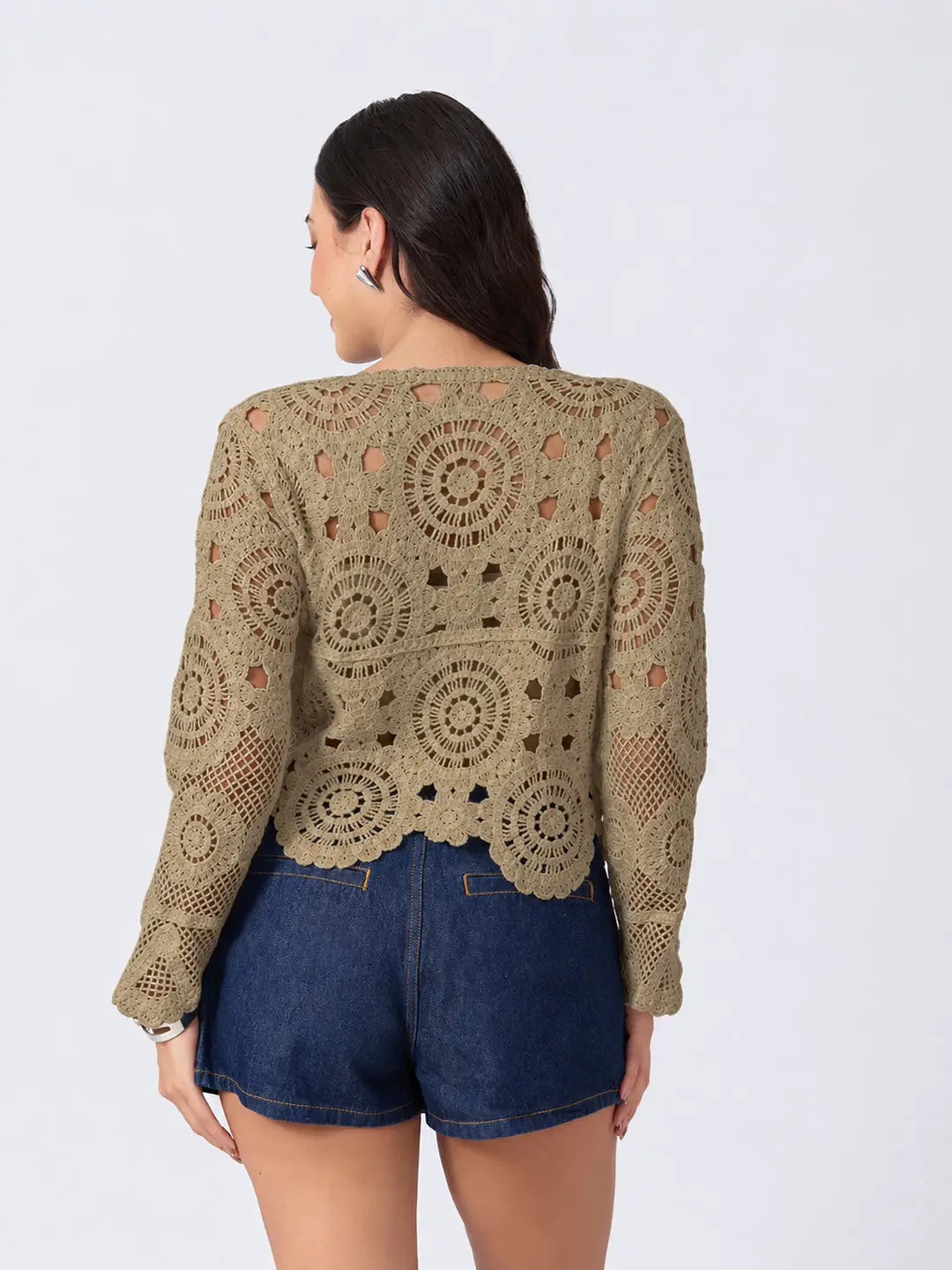 Women's Beige Crochet Long Sleeve Scalloped Hem Top