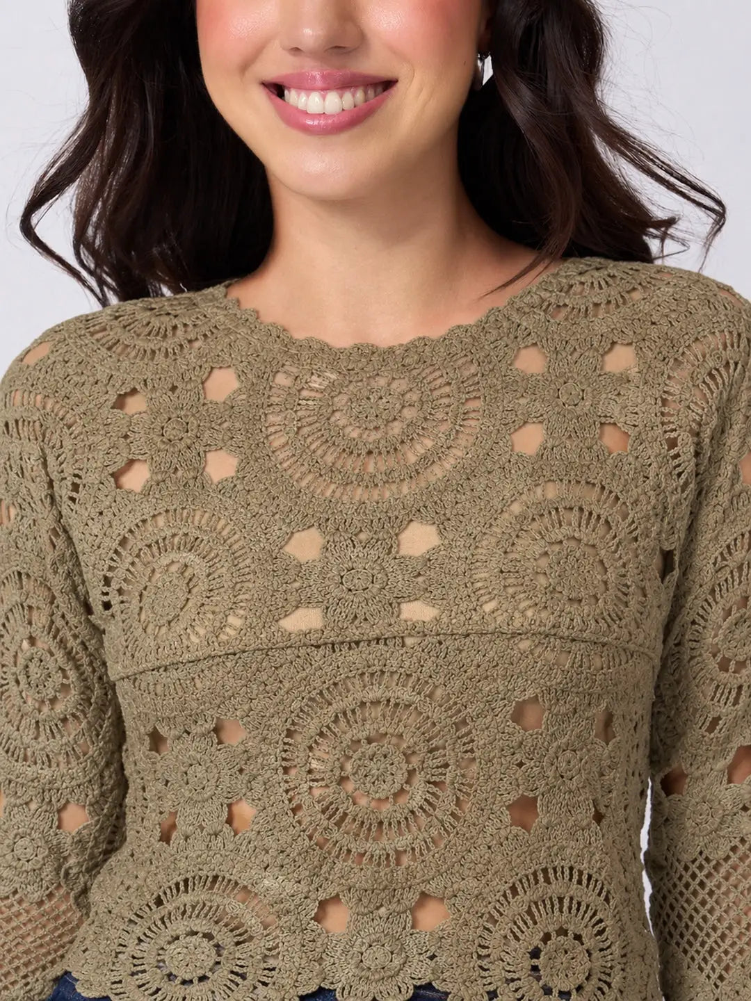 Women's Beige Crochet Long Sleeve Scalloped Hem Top