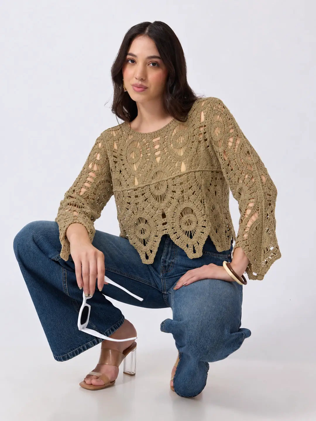 Women's Beige Crochet Sleeveless Scalloped Hem Top