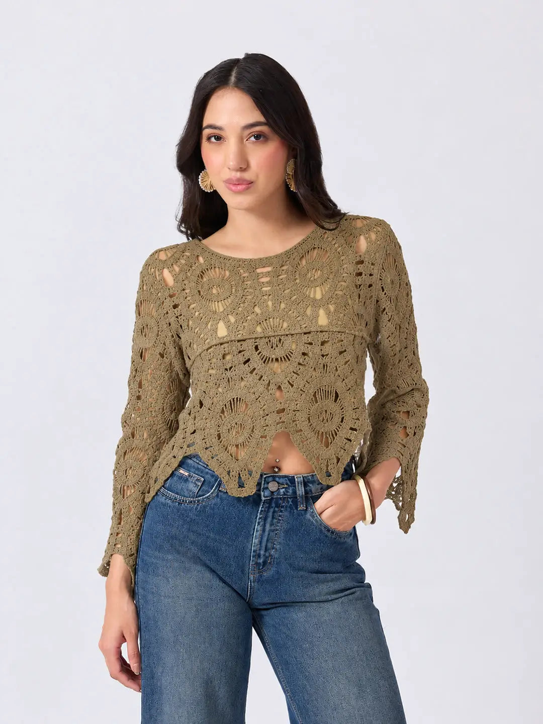 Women's Beige Crochet Sleeveless Scalloped Hem Top