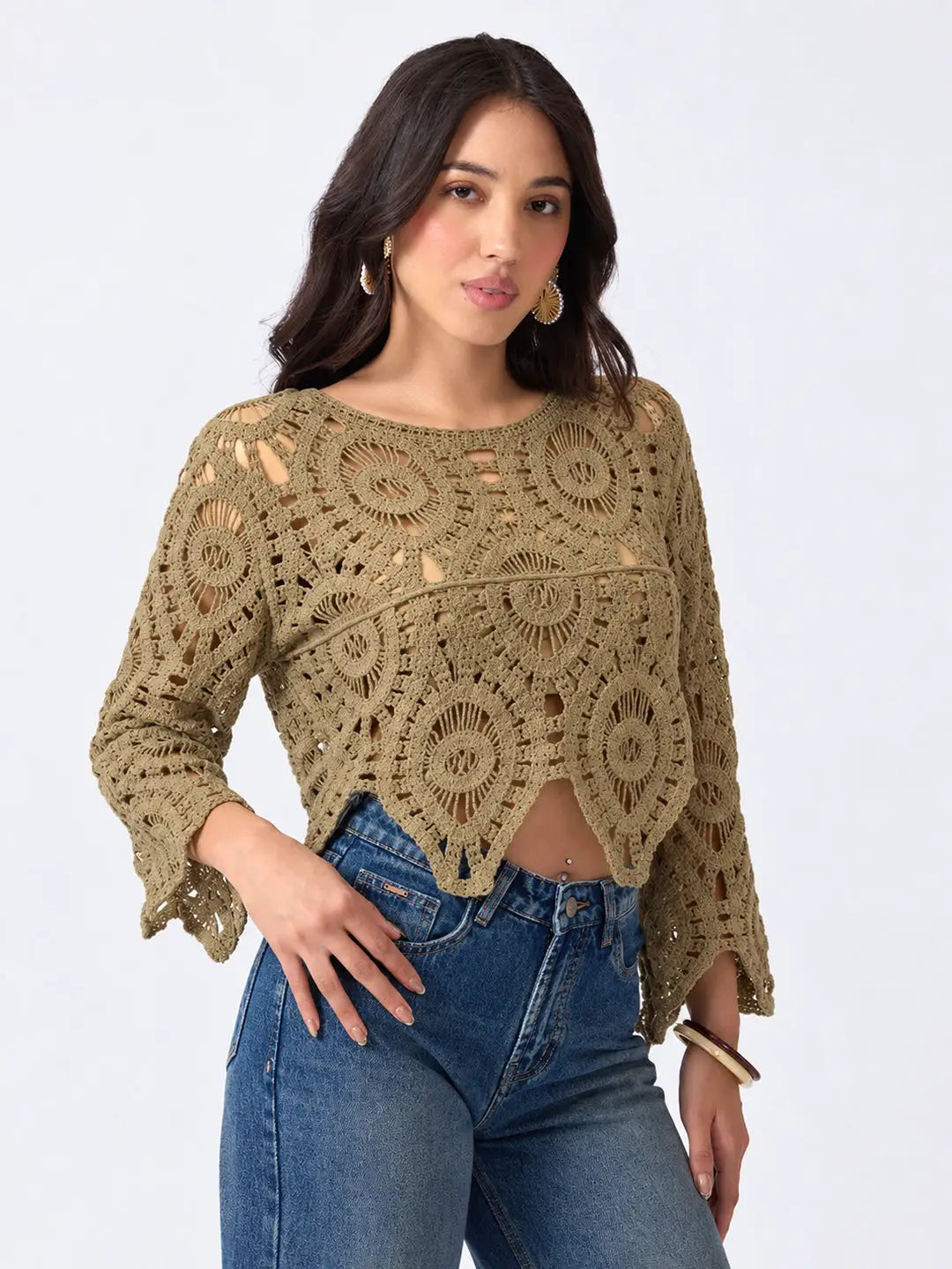 Women's Beige Crochet Sleeveless Scalloped Hem Top