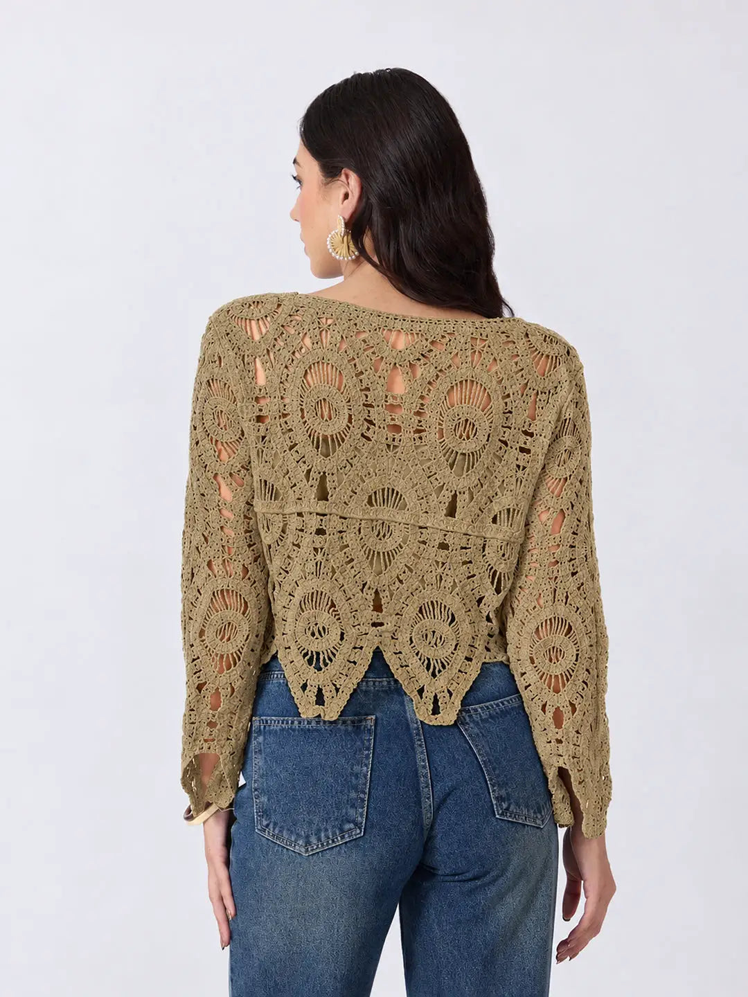 Women's Beige Crochet Sleeveless Scalloped Hem Top