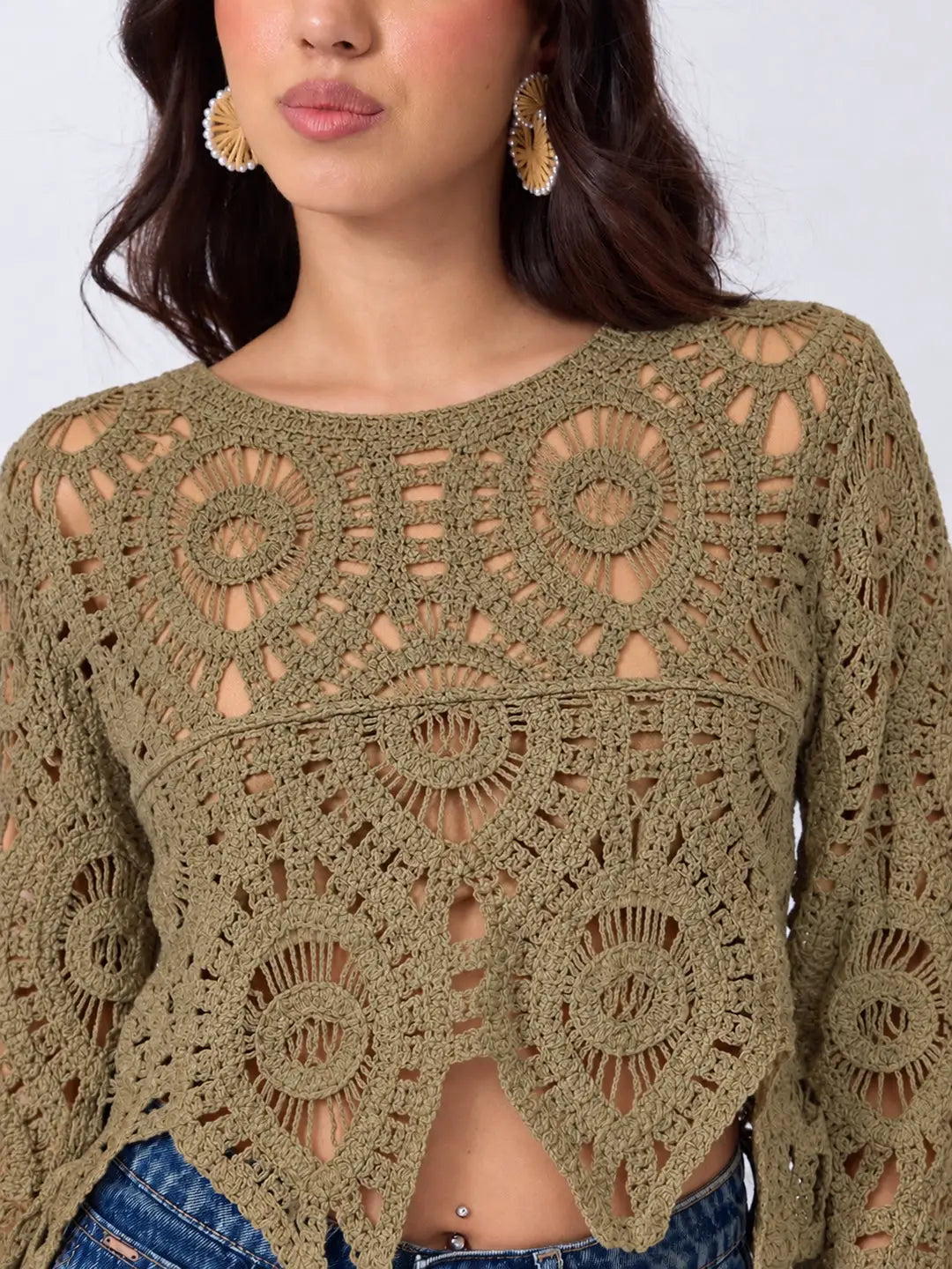 Women's Beige Crochet Sleeveless Scalloped Hem Top