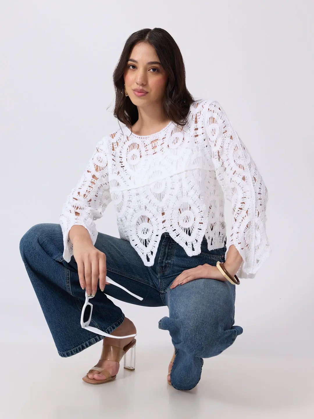 Women's White Crochet Sleeveless Scalloped Hem Top