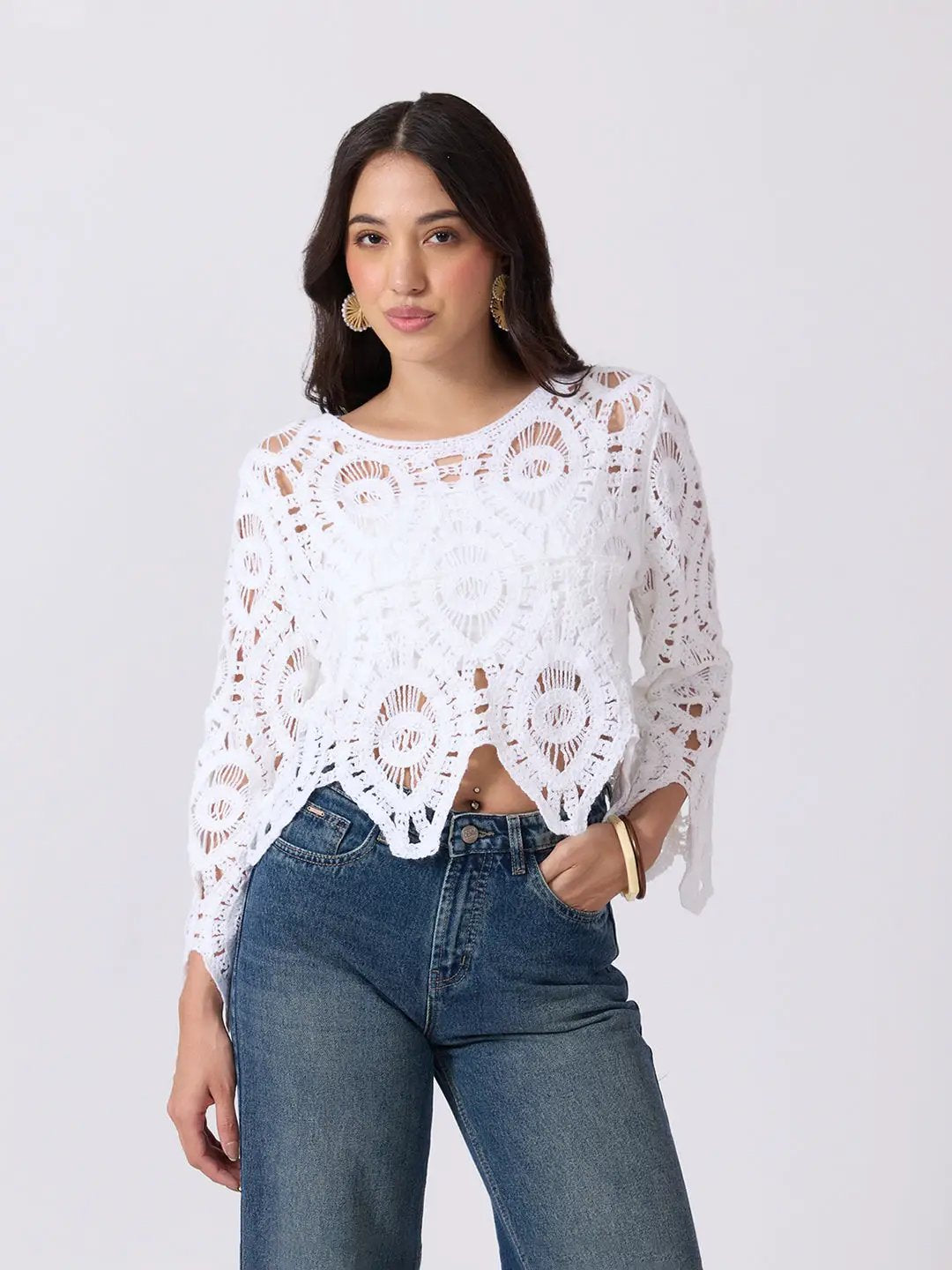 Women's White Crochet Sleeveless Scalloped Hem Top