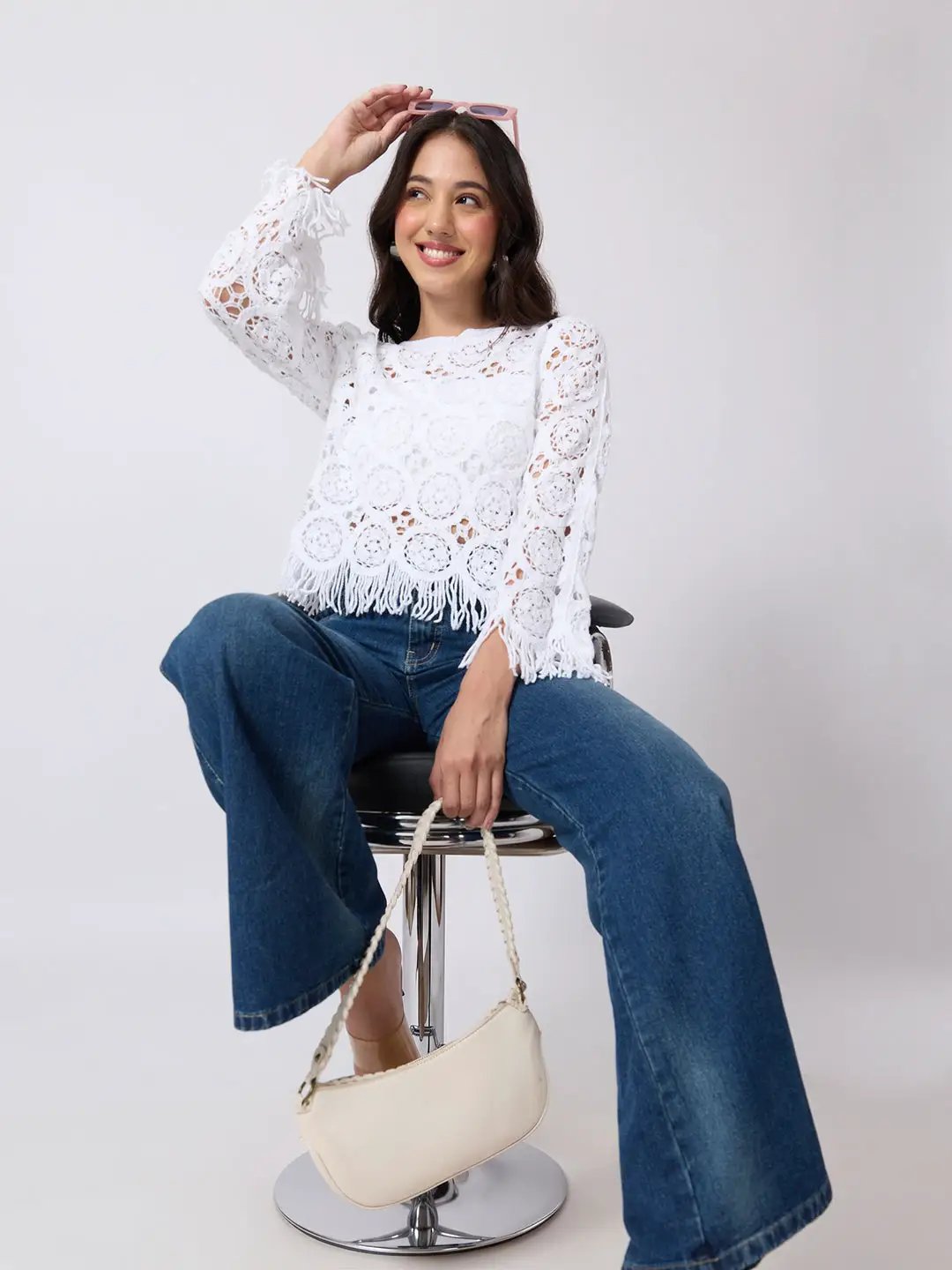 Women's White Crochet Long Sleeve Scalloped Hem Top