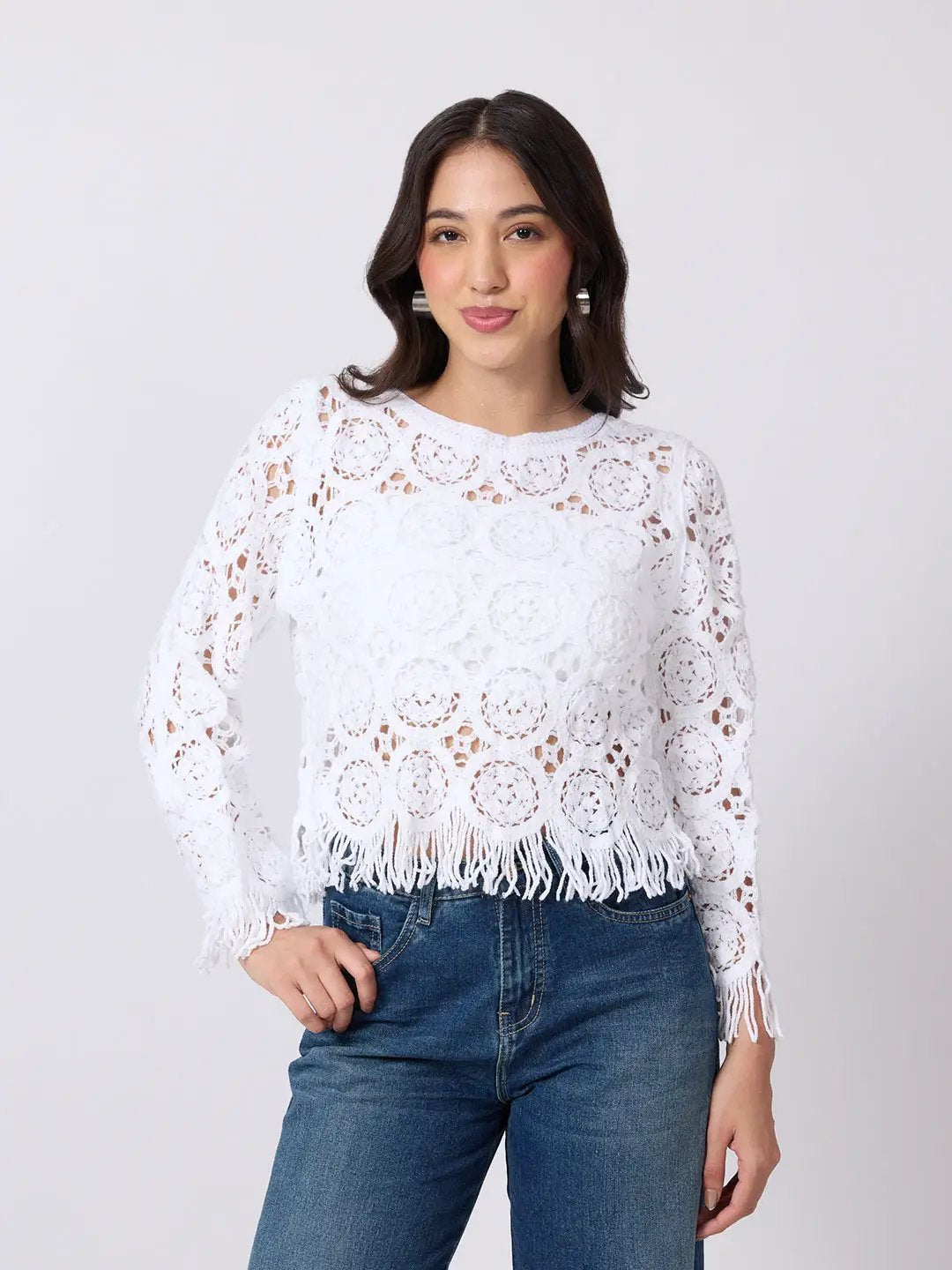 Women's White Crochet Long Sleeve Scalloped Hem Top