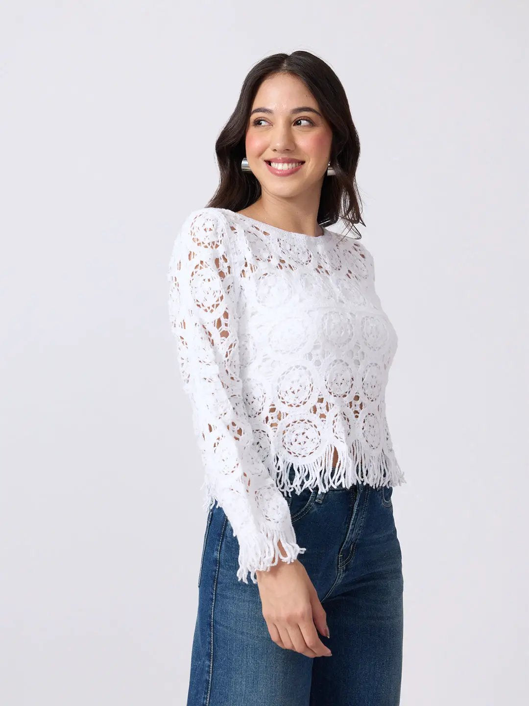 Women's White Crochet Long Sleeve Scalloped Hem Top