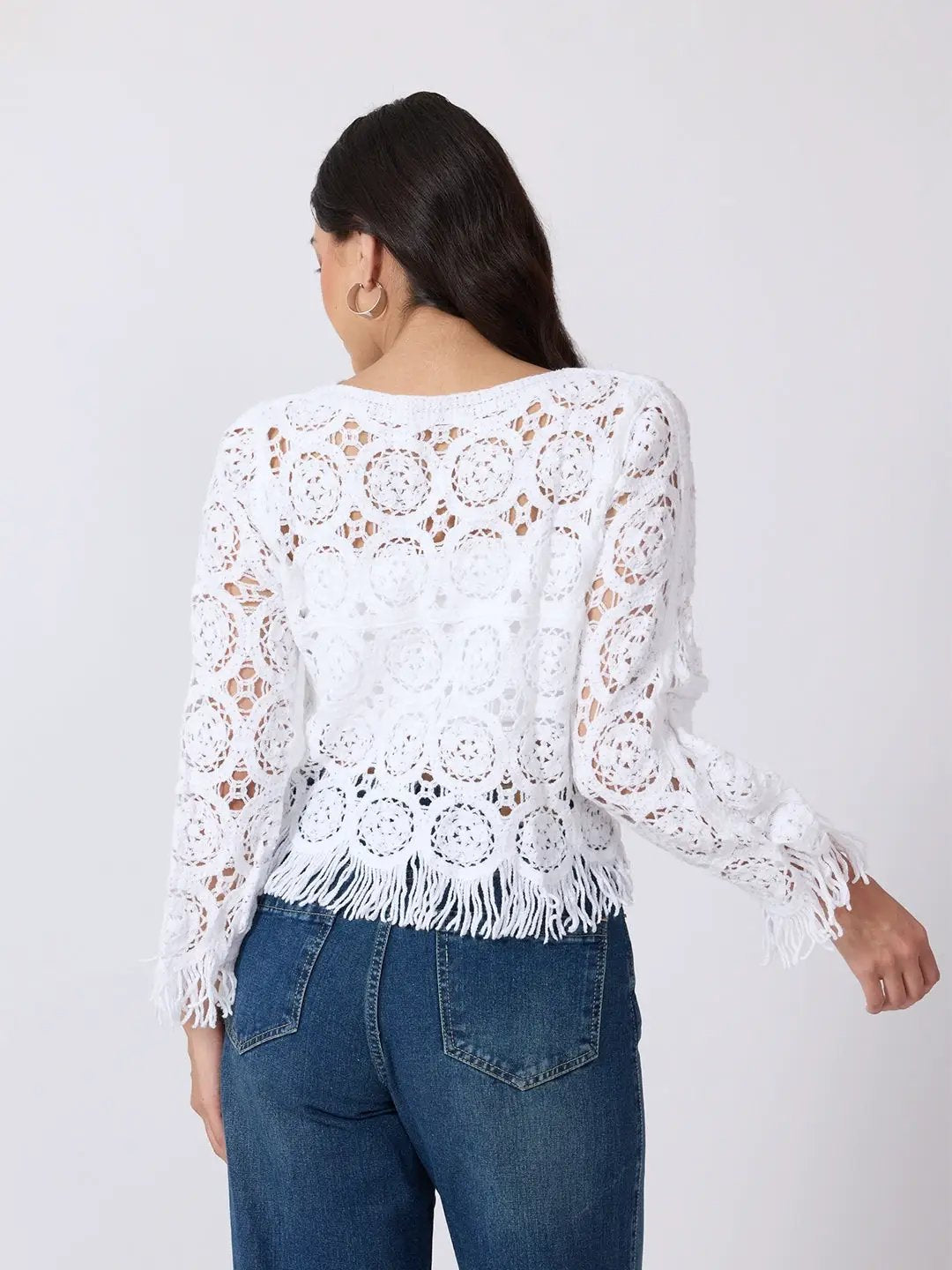 Women's White Crochet Long Sleeve Scalloped Hem Top