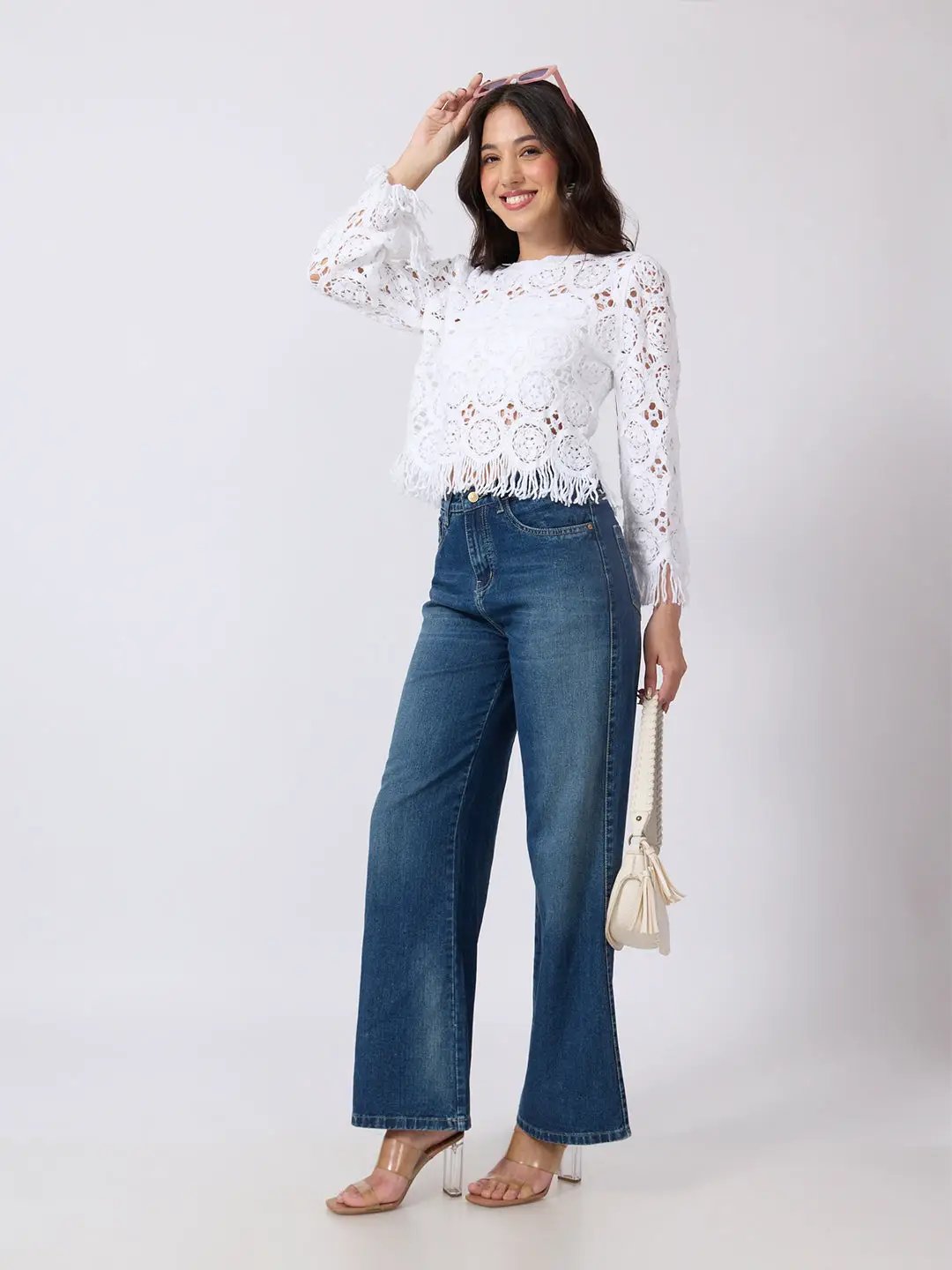 Women's White Crochet Long Sleeve Scalloped Hem Top