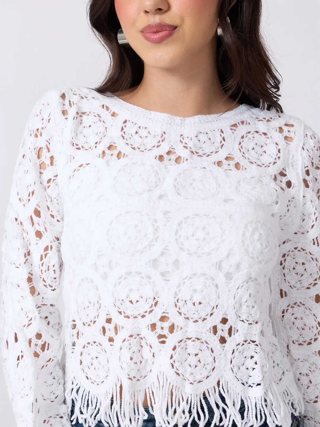 Women's White Crochet Long Sleeve Scalloped Hem Top