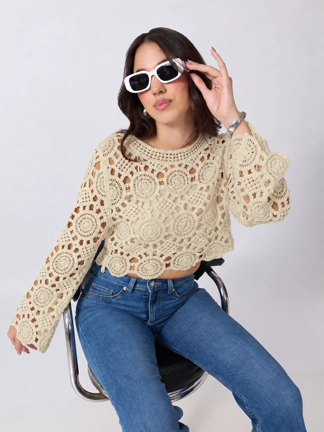 Women's Beige Crochet Long Sleeve Scalloped Hem Top