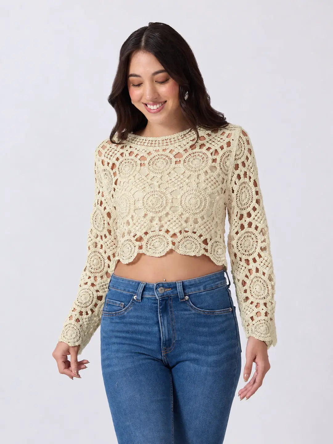 Women's Beige Crochet Long Sleeve Scalloped Hem Top
