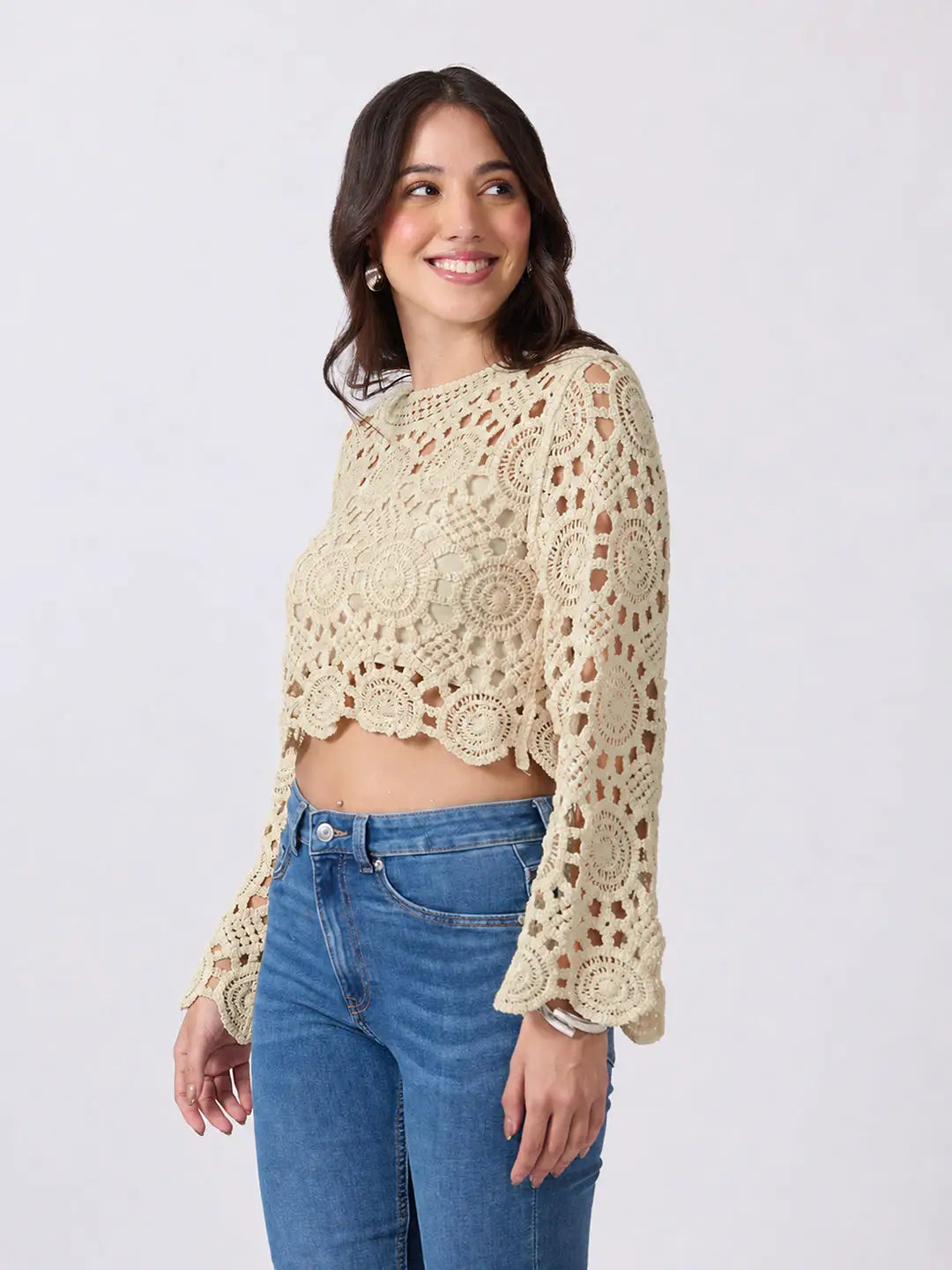 Women's Beige Crochet Long Sleeve Scalloped Hem Top
