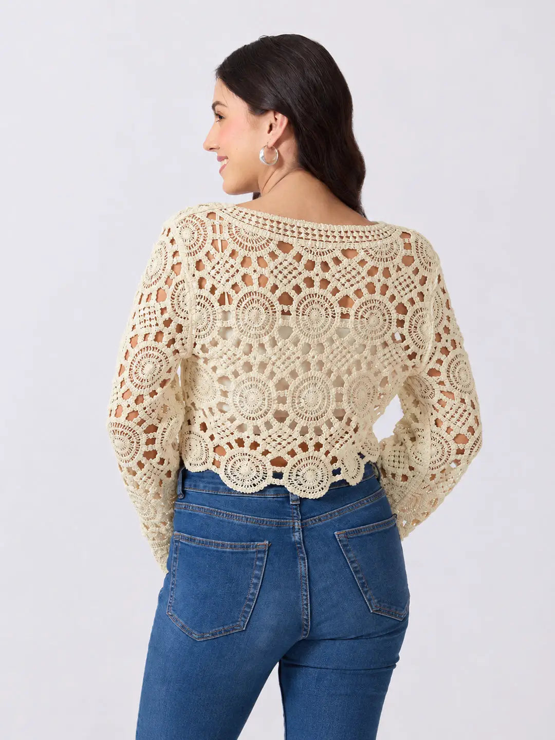 Women's Beige Crochet Long Sleeve Scalloped Hem Top