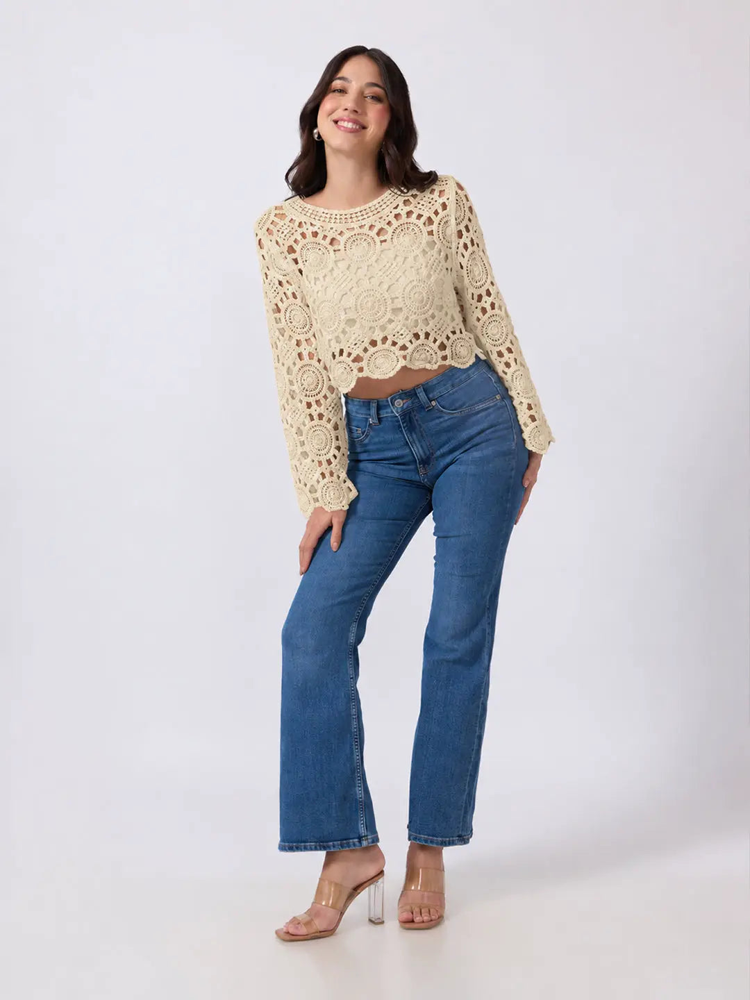 Women's Beige Crochet Long Sleeve Scalloped Hem Top