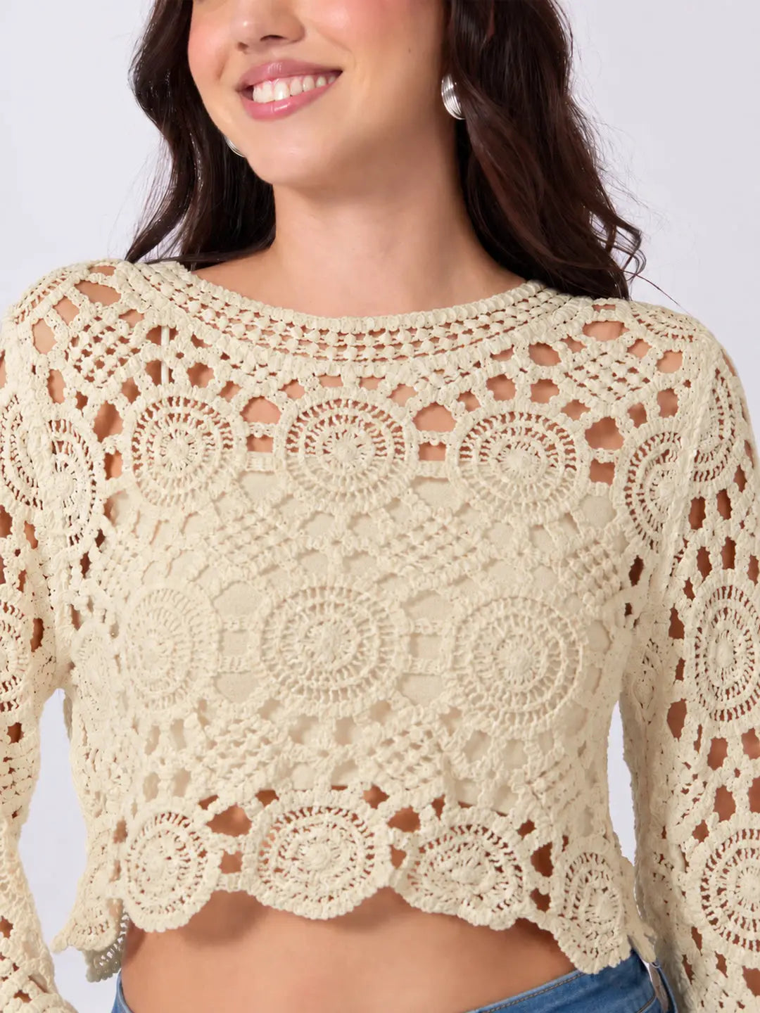 Women's Beige Crochet Long Sleeve Scalloped Hem Top