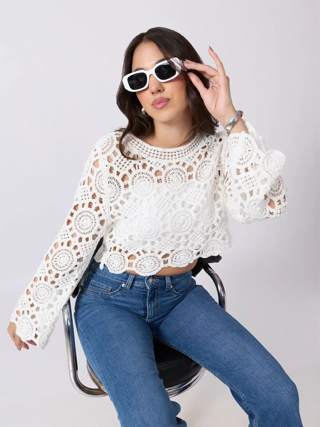 Women's White Crochet Long Sleeve Scalloped Hem Top