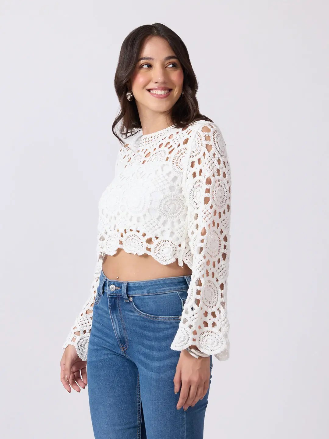 Women's White Crochet Long Sleeve Scalloped Hem Top