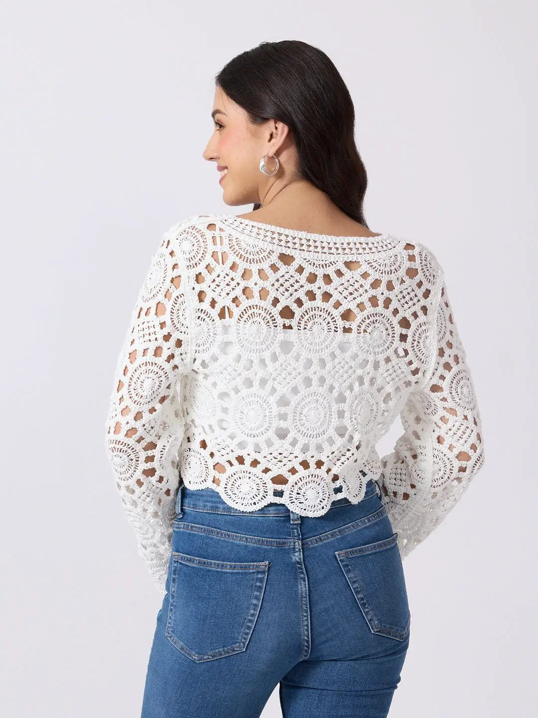Women's White Crochet Long Sleeve Scalloped Hem Top