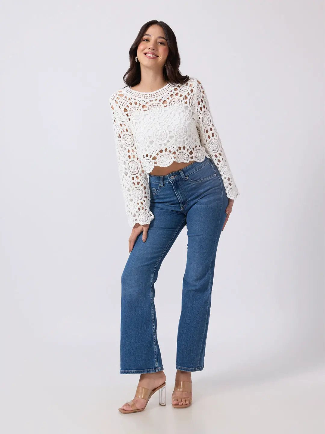 Women's White Crochet Long Sleeve Scalloped Hem Top
