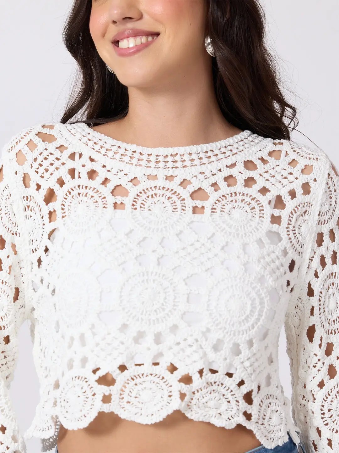 Women's White Crochet Long Sleeve Scalloped Hem Top