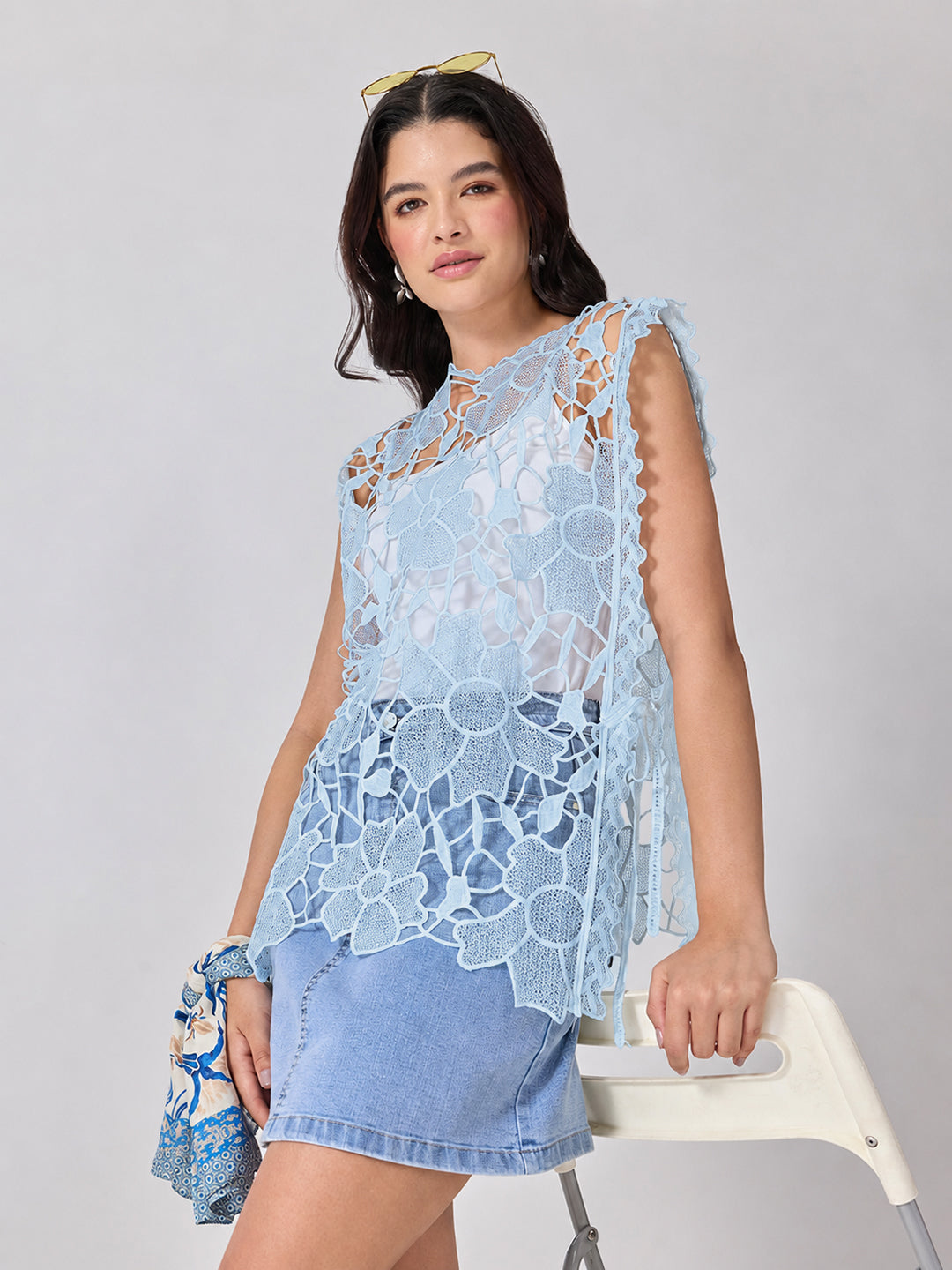 Women’s Floral Blue Longline Top with Side Tie-Ups and Scalloped Hem