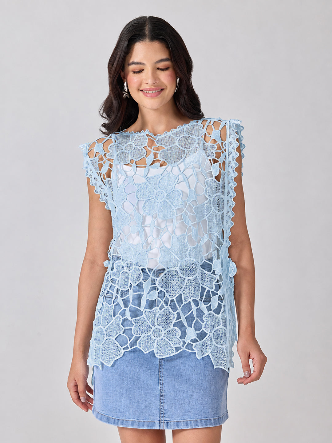 Women’s Floral Blue Longline Top with Side Tie-Ups and Scalloped Hem