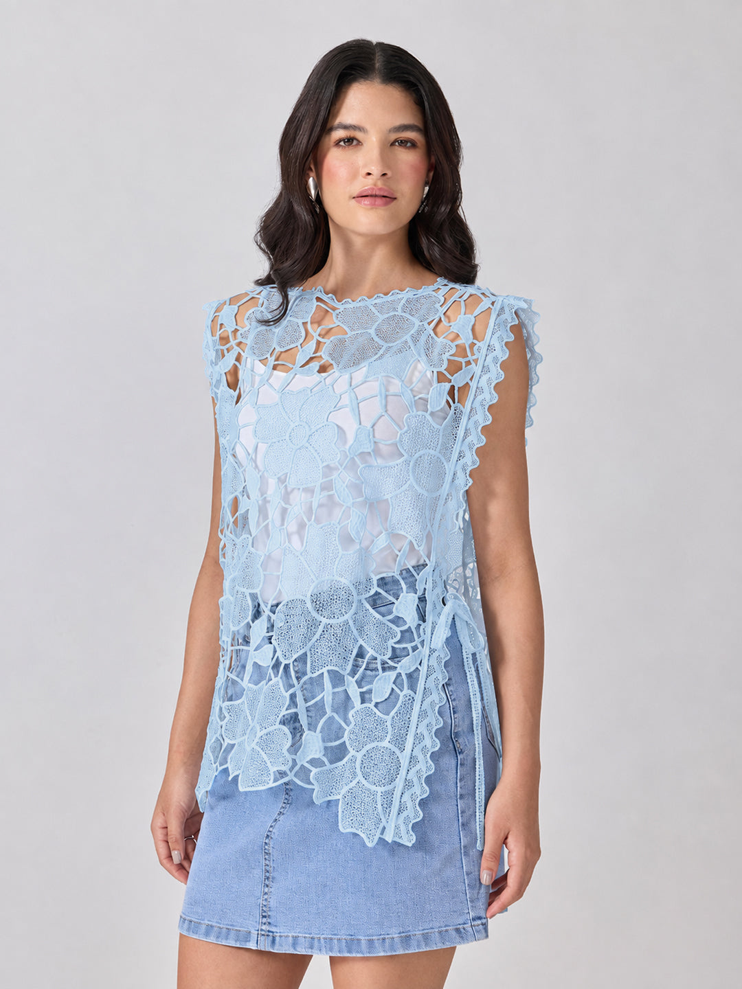 Women’s Floral Blue Longline Top with Side Tie-Ups and Scalloped Hem