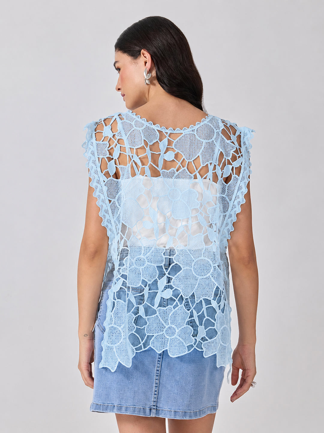 Women’s Floral Blue Longline Top with Side Tie-Ups and Scalloped Hem