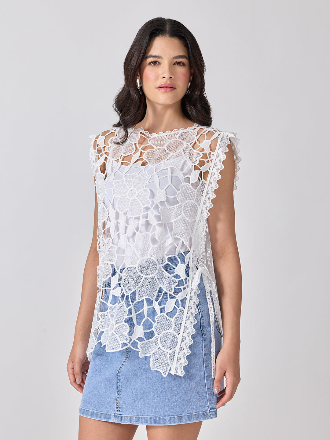 Women’s Floral White Longline Top with Side Tie-Ups and Scalloped Hem