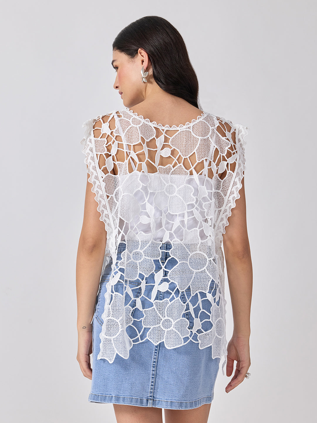 Women’s Floral White Longline Top with Side Tie-Ups and Scalloped Hem