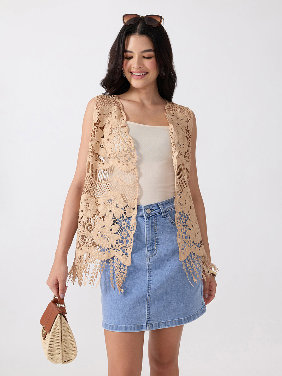 Women’s Floral Beige Crochet Longline Top with Fringe Hem