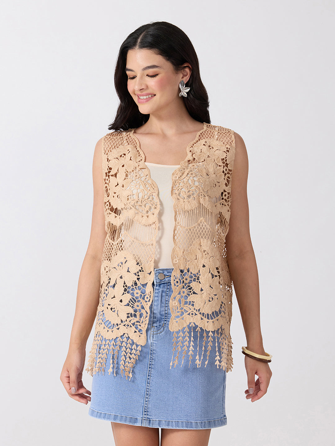 Women’s Floral Beige Crochet Longline Top with Fringe Hem
