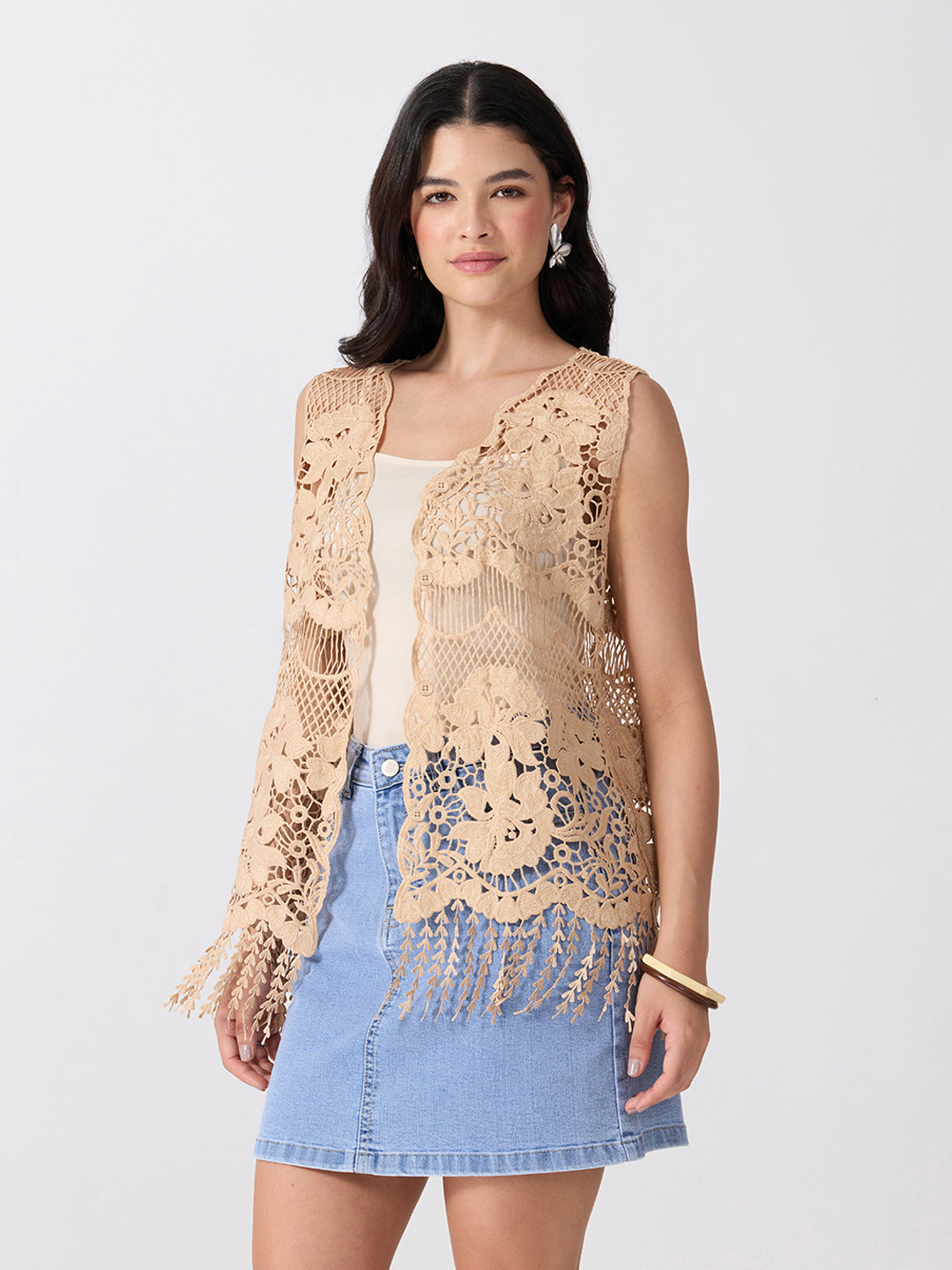 Women’s Floral Beige Crochet Longline Top with Fringe Hem