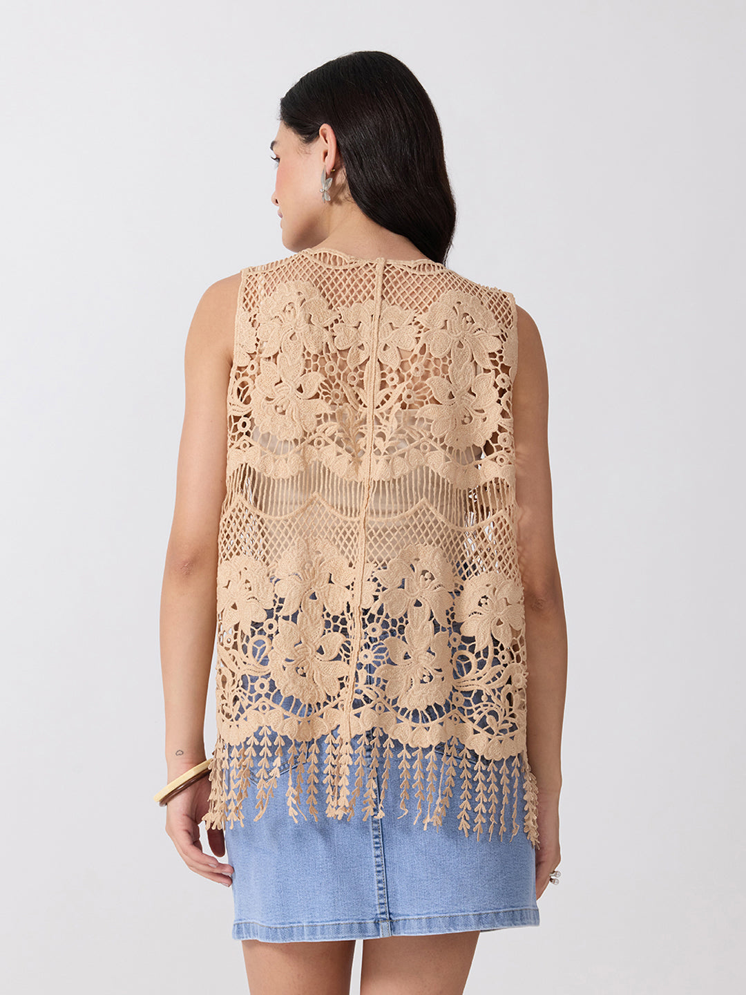 Women’s Floral Beige Crochet Longline Top with Fringe Hem
