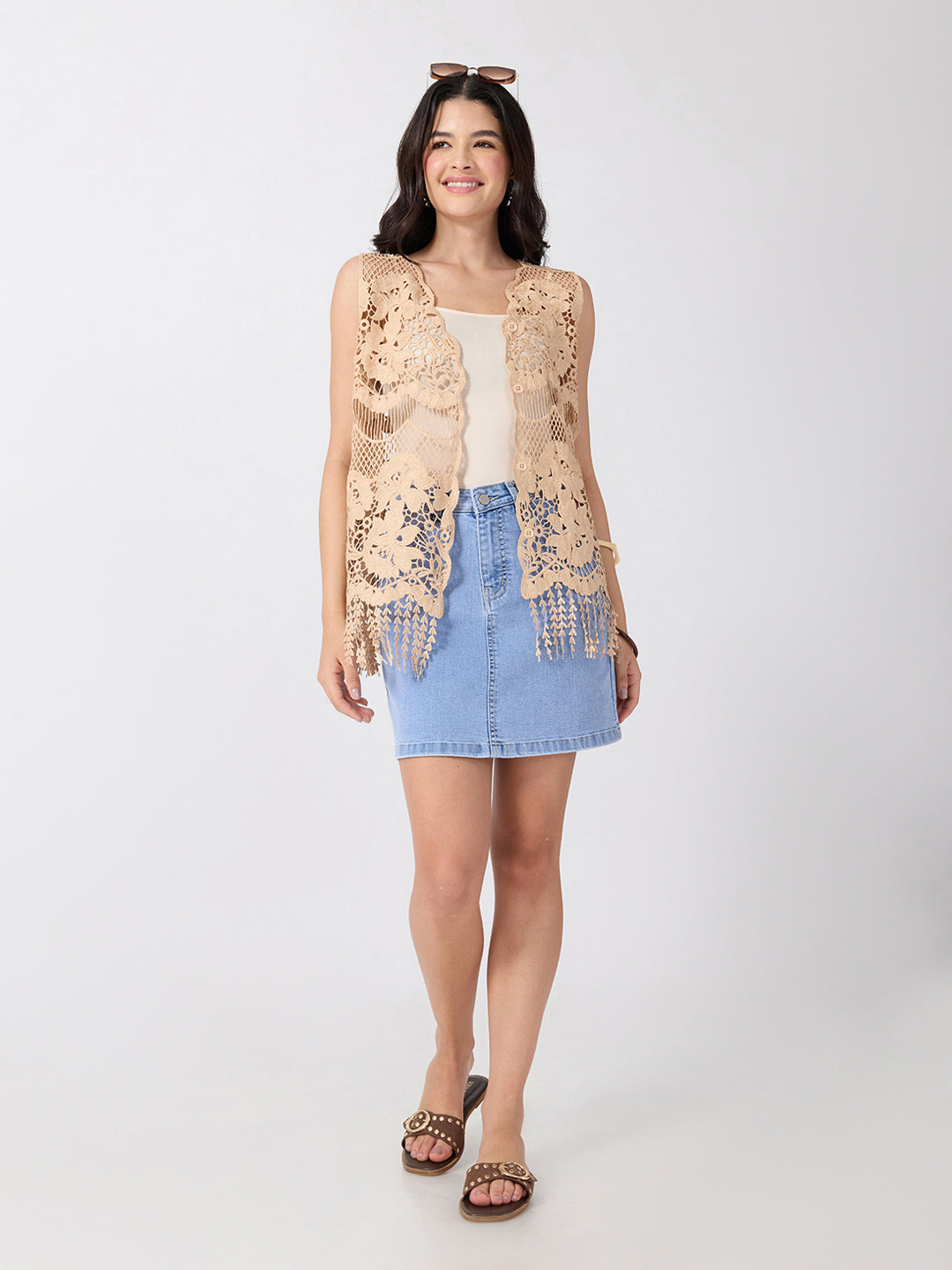 Women’s Floral Beige Crochet Longline Top with Fringe Hem