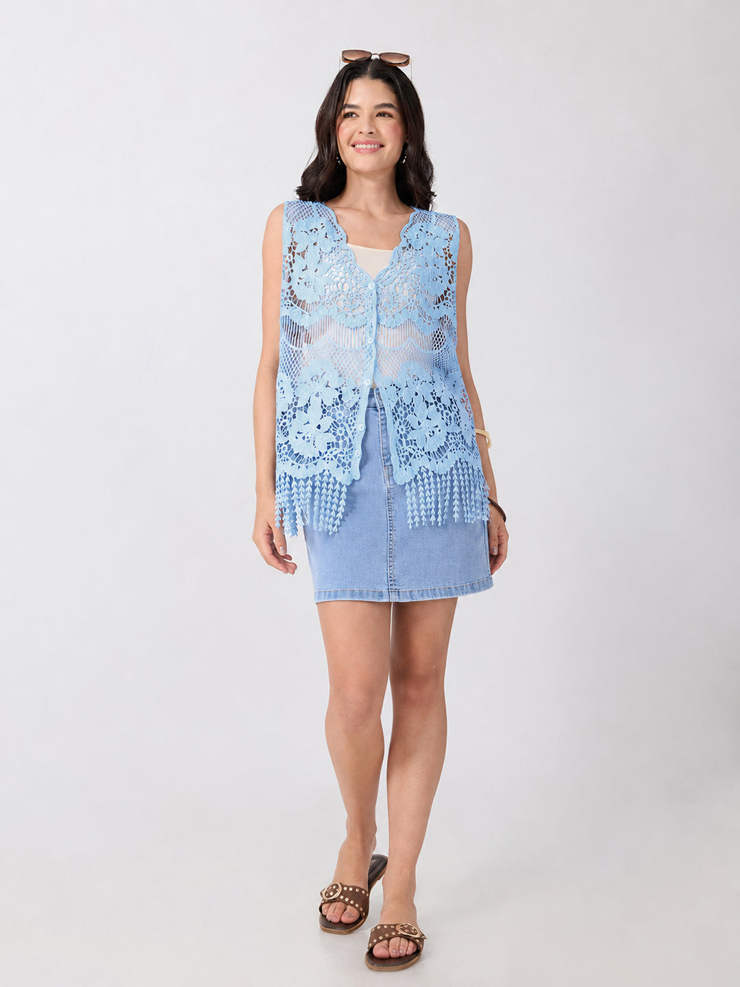 Women’s Floral Blue Crochet Longline Top with Fringe Hem