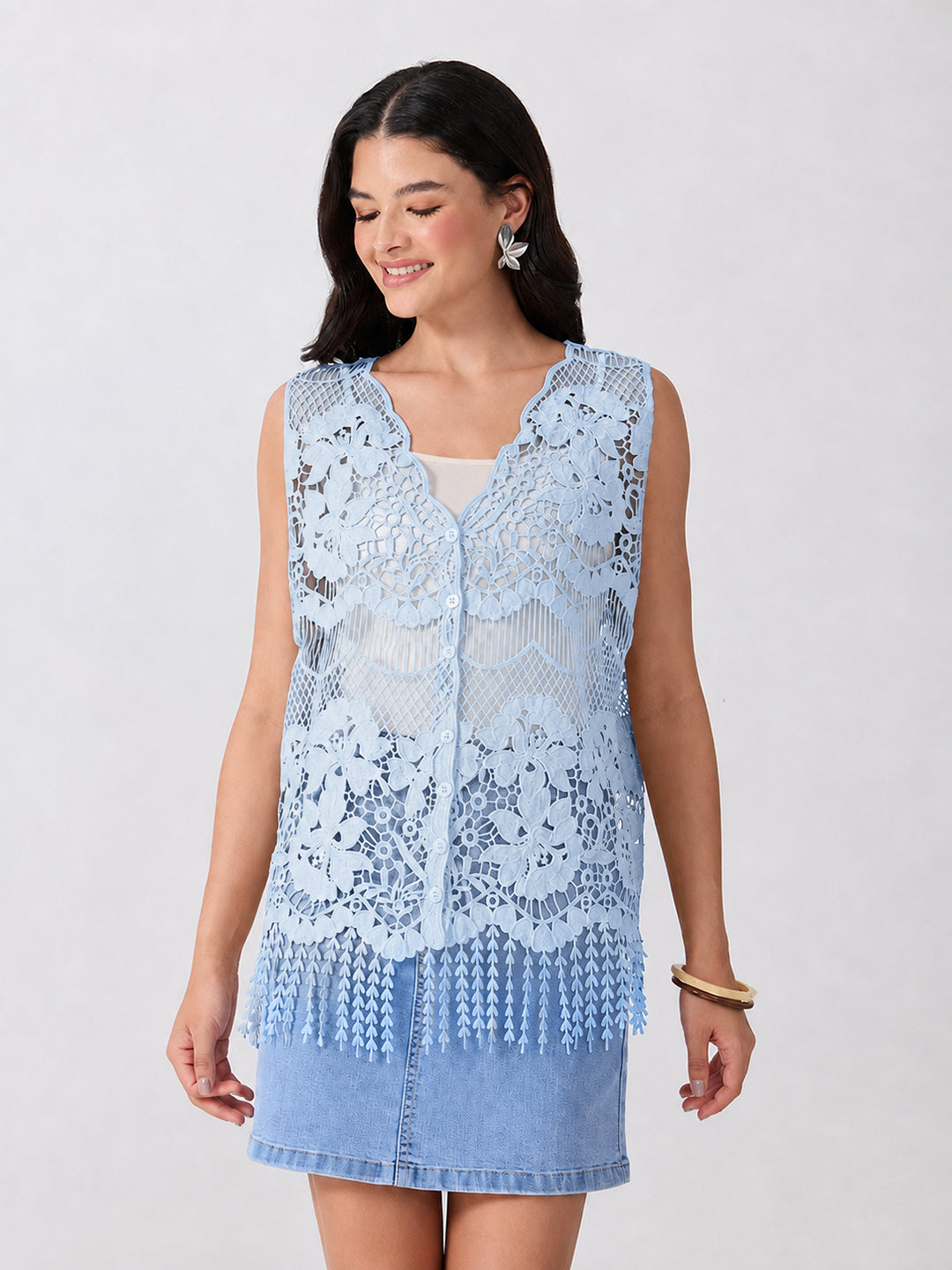 Women’s Floral Blue Crochet Longline Top with Fringe Hem