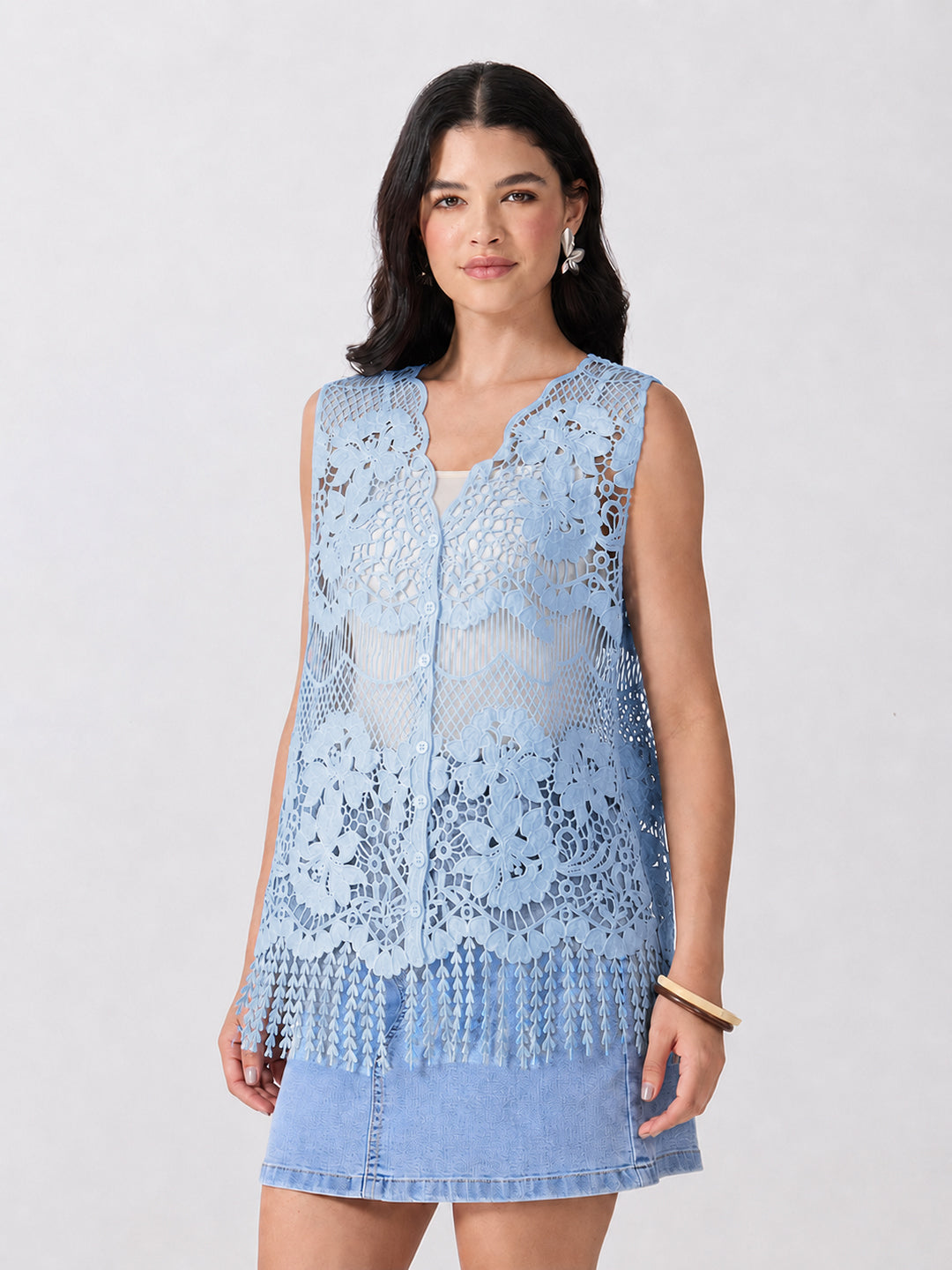 Women’s Floral Blue Crochet Longline Top with Fringe Hem