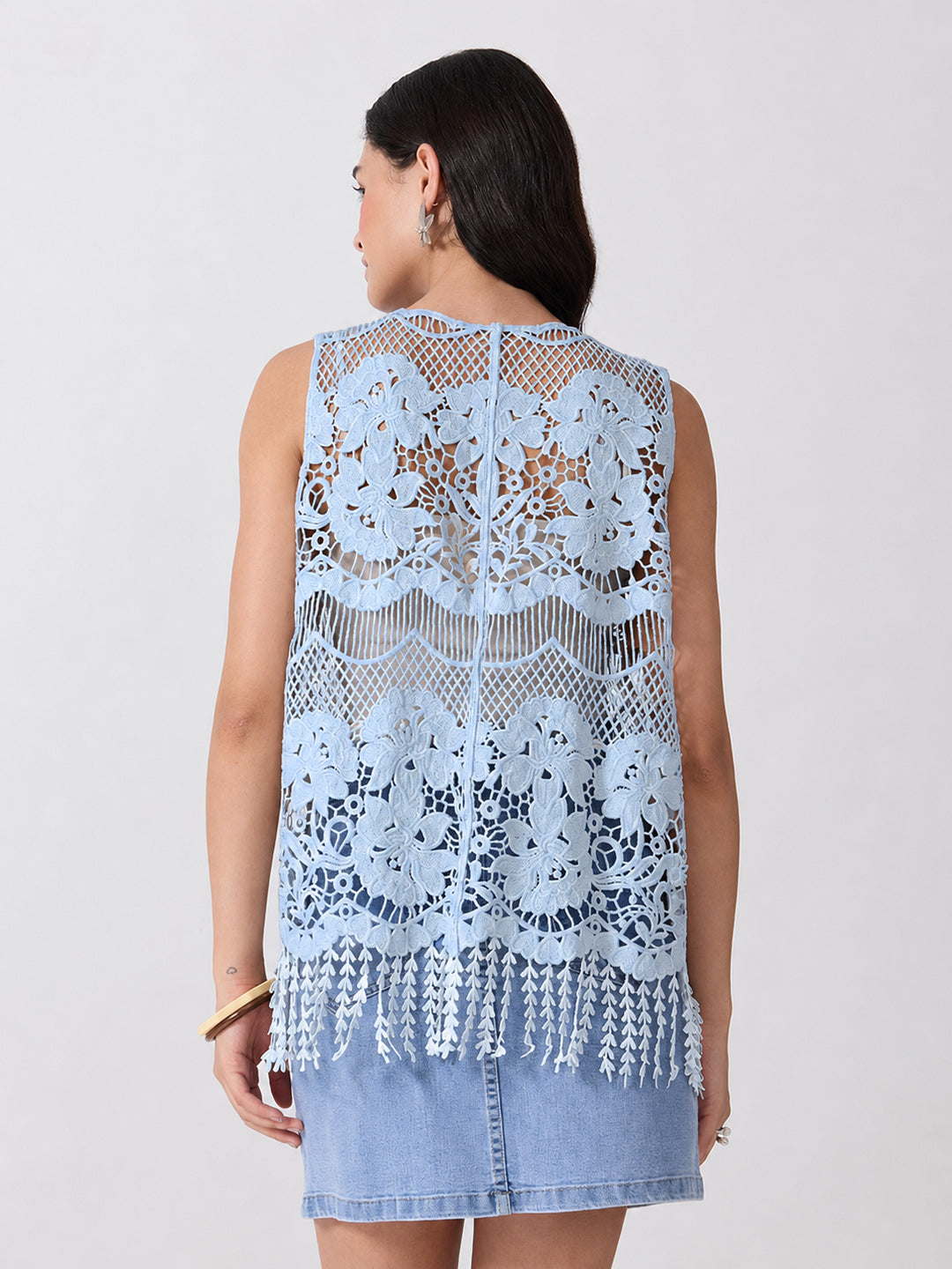 Women’s Floral Blue Crochet Longline Top with Fringe Hem