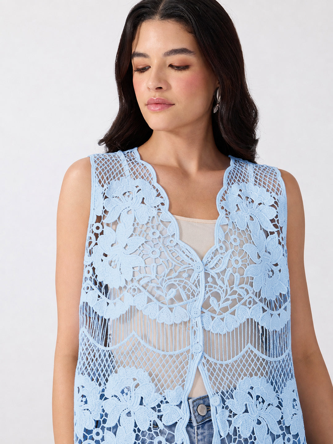 Women’s Floral Blue Crochet Longline Top with Fringe Hem